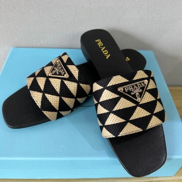 Prada Black and Gold Women's Slide Sandals - Picture 2 of 6